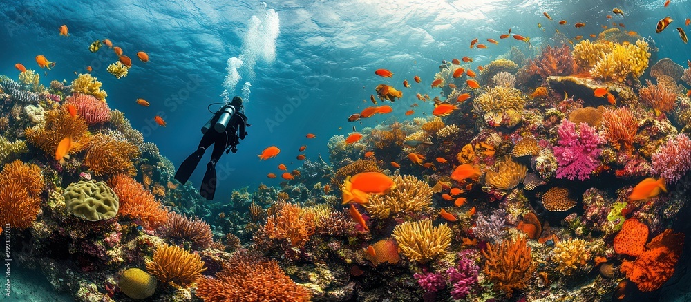 Fototapeta premium A scuba diver explores a vibrant coral reef teeming with colorful fish in a tropical ocean.