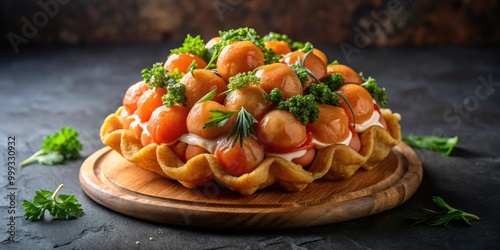 Hong Kong style bubble waffle with fresh salmon and sauce on dark background, street food concept, Hong Kong photo