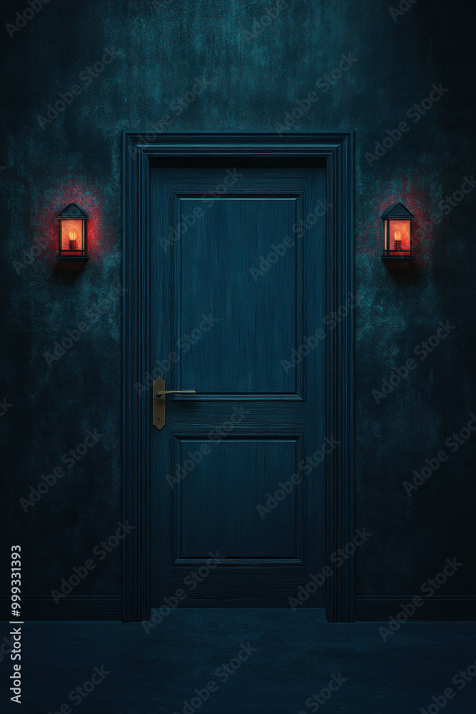 Mysterious dark door with glowing lights, set against a shadowy wall environment. Mysterious dark door with glowing lights, set against a shadowy wall environment.