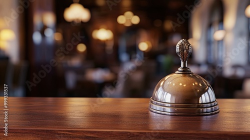 Elegant Reception Bell on Wooden Counter: Symbolizing hospitality, this image features an elegant reception bell on a wooden counter, perfect for service-themed designs.