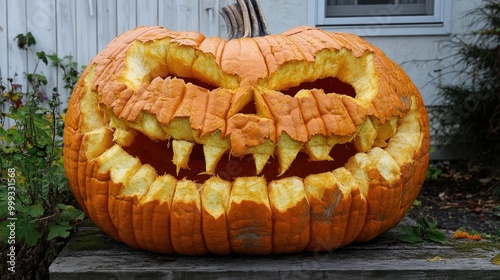 Giant orange jack o lantern pumpkin as Halloween decoration spooky photo