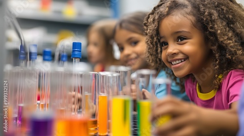 A Young Girl Smiles While Performing a Science Experiment with Colored Liquids in Test Tubes photo