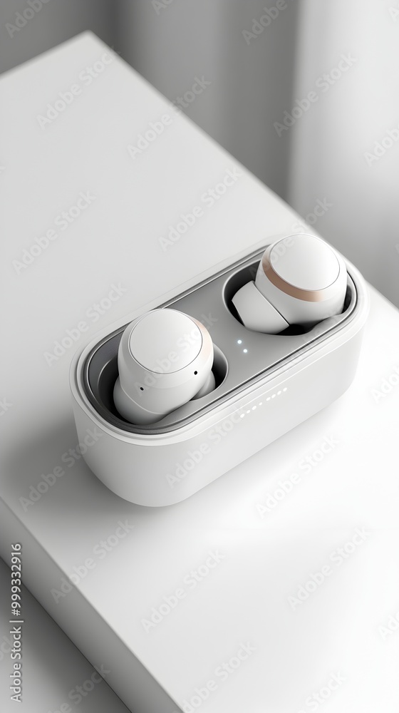 Detailed Macro Shot of Wireless Earbuds with Touch Gestures on a White Background Detailed Macro Shot of Wireless Earbuds with Touch Gestures on a White Background