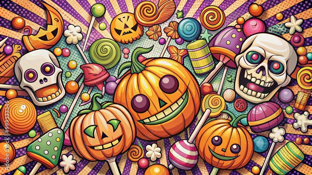 Bright and colorful comic book-style s of classic Halloween elements like candy, skeletons, and monsters, Halloween Bright and colorful comic book-style s of classic Halloween elements like candy, skeletons, and monsters, Halloween