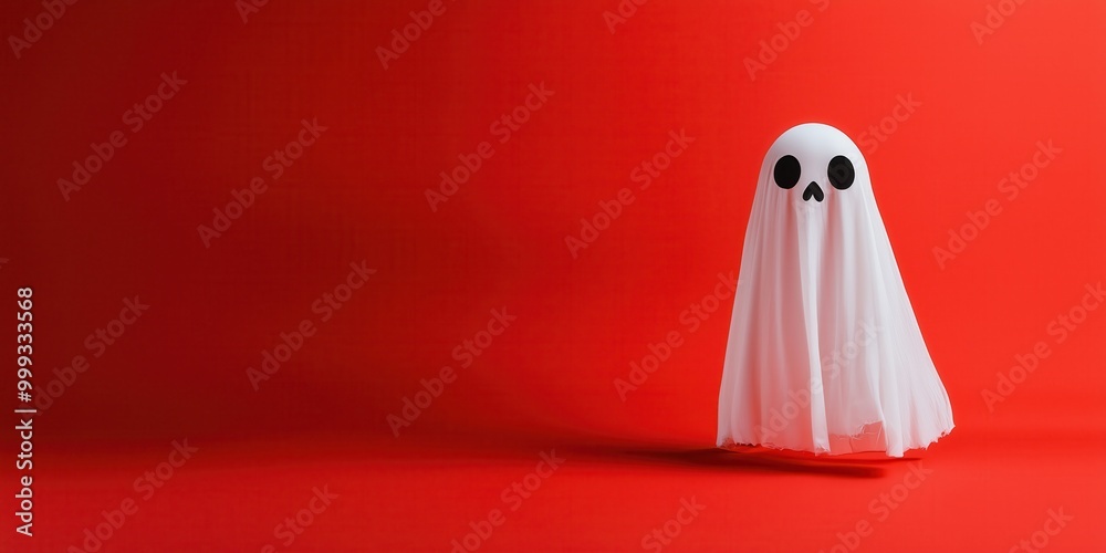 Playful and spooky white ghost with a funny face floats on a red background, setting the perfect atmosphere for halloween festivities. Ideal for halloween-themed projects and designs Playful and spooky white ghost with a funny face floats on a red background, setting the perfect atmosphere for halloween festivities. Ideal for halloween-themed projects and designs