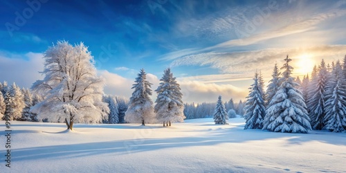 Winter landscape with snow-covered trees and a serene atmosphere, snow, winter, landscape, cold, frozen, frost, trees, serene, white