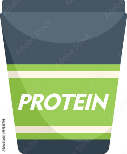 Plastic container full of whey protein for muscle building, isolated on white background