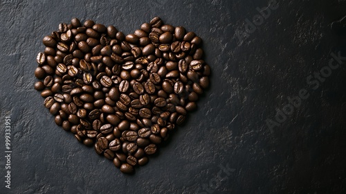 Coffee beans arranged in a heart shape on black background.