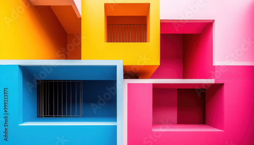 Vibrant geometric shapes in colorful architecture design, white isolated background. photo