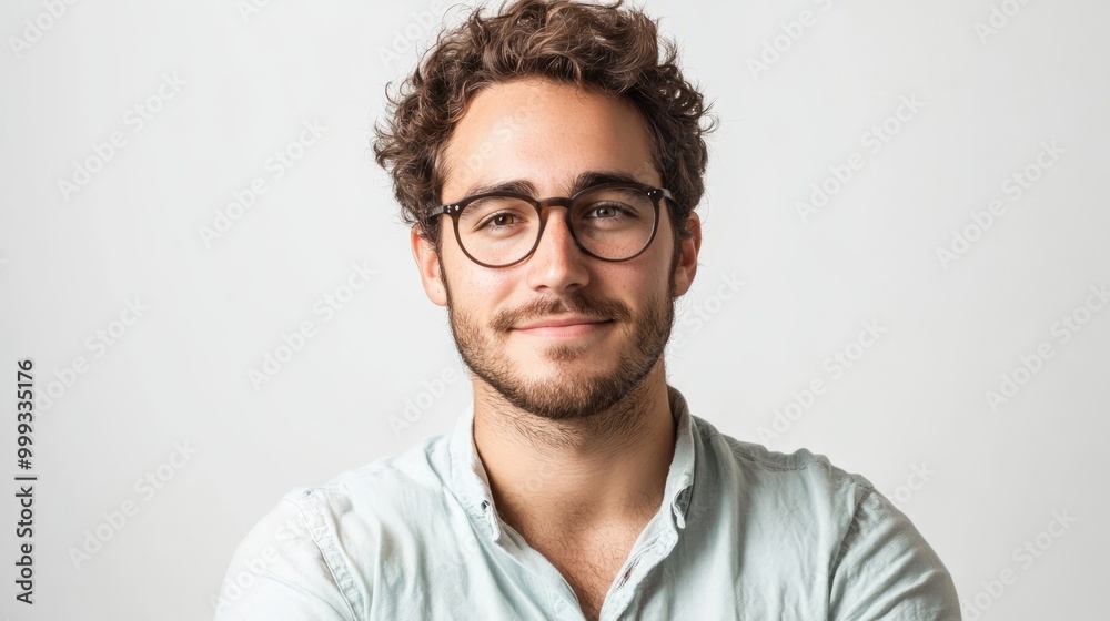 Obraz premium Smiling Businessman with Glasses and Curly Hair Posing Against White Background