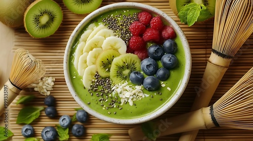 Green Smoothie Bowl with Kiwi  Banana  Raspberries  and Blueberries photo