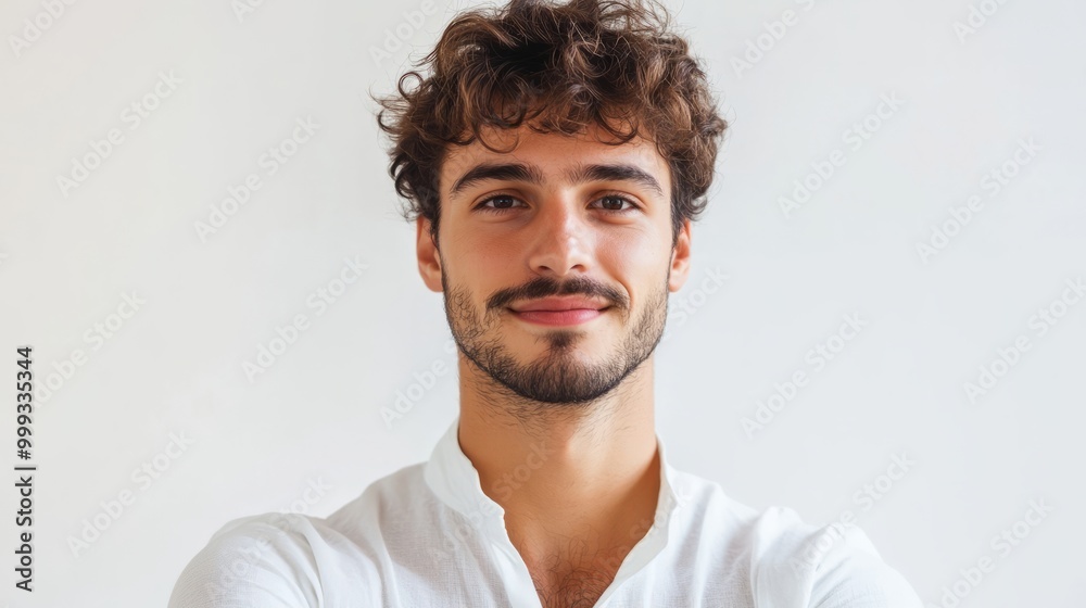 Handsome Curly-Haired Man with Beard Gazing at Handsome Curly-Haired Man with Beard Gazing at
