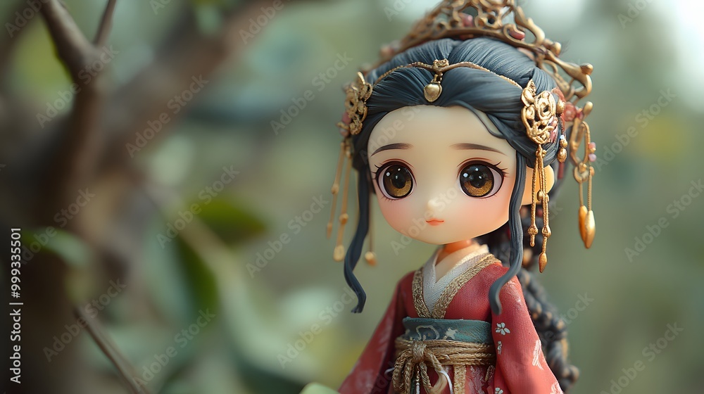 The girl dressed in a Han Dynasty outfit, her hair adorned with golden pins, blind box toy with soft sculpted texture The girl dressed in a Han Dynasty outfit, her hair adorned with golden pins, blind box toy with soft sculpted texture