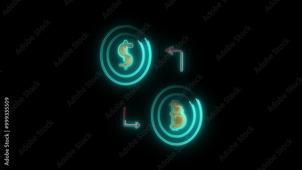 Neon Exchange Symbol Between Dollar and Bitcoin - Cryptocurrency and Digital Finance Concept Neon Exchange Symbol Between Dollar and Bitcoin - Cryptocurrency and Digital Finance Concept