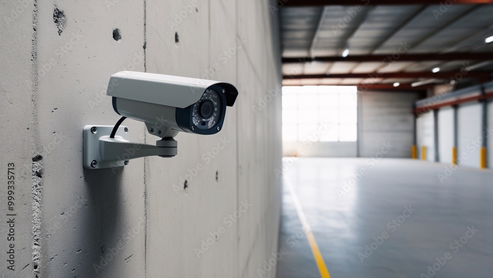 CCTV camera mounted on a bare concrete wall in an industrial space. Minimal setup emphasizes the simplicity and function of the security device, overlooking an empty warehouse with a focus on safety CCTV camera mounted on a bare concrete wall in an industrial space. Minimal setup emphasizes the simplicity and function of the security device, overlooking an empty warehouse with a focus on safety