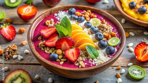 Vibrant smoothie bowl topped with fresh fruit and granola