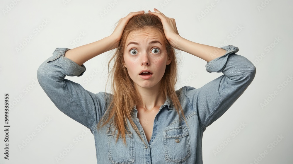 Surprised Redheaded Woman with Hands on Head in White Studio Surprised Redheaded Woman with Hands on Head in White Studio