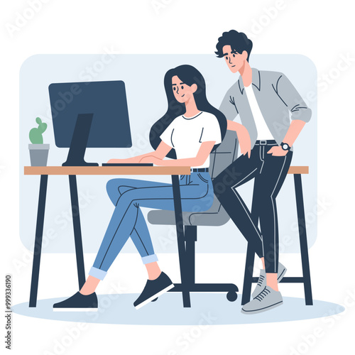 Flat vector illustration. Woman and man working together in office, joint work. Woman is working at the computer and man is watching . Vector illustration