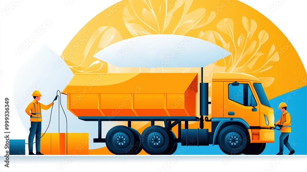 Construction Team Working with Dump Truck in Modern Style Construction Team Working with Dump Truck in Modern Style