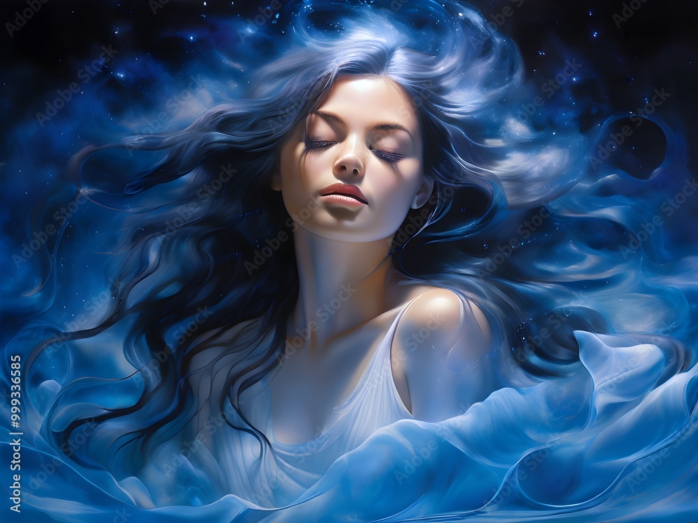 Vibrant profile of young woman with long hair blowing in the wind. Painting Vibrant profile of young woman with long hair blowing in the wind. Painting