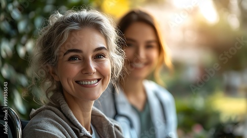  Happy nurse caring for elderly woman in a wheelchair. Young female pushing senior retirement nursing home patient in a wheelchair outdoors in a garden 