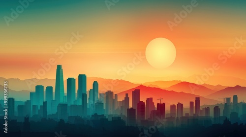 Vibrant Sunset Over a City Skyline with Mountains