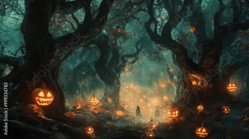 Enchanted Halloween Forest with Glowing Pumpkins