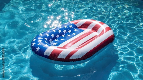 Inflatable Pool Float Shaped Like American Flag: Fun and patriotic inflatable pool float shaped like the American flag, set against blue water with sunlight reflections.