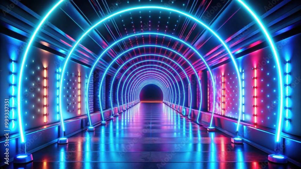 Perspective view of illuminated color neon tunnel entrance with blue lights, neon, tunnel, entrance, perspective, view Perspective view of illuminated color neon tunnel entrance with blue lights, neon, tunnel, entrance, perspective, view