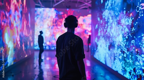 Person is standing in a gallery space with colorful projections on the walls, the immersive exhibition offers a captivating experience photo