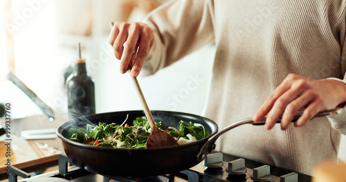 Quadro su tela Spoon, cooking and hands of woman in kitchen with food, health and wellness with traditional recipe for lunch