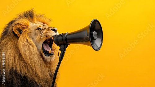 Lion with Megaphone on Yellow Background: Symbolizing loud and powerful communication, this image features a lion with a megaphone against a bright yellow background.