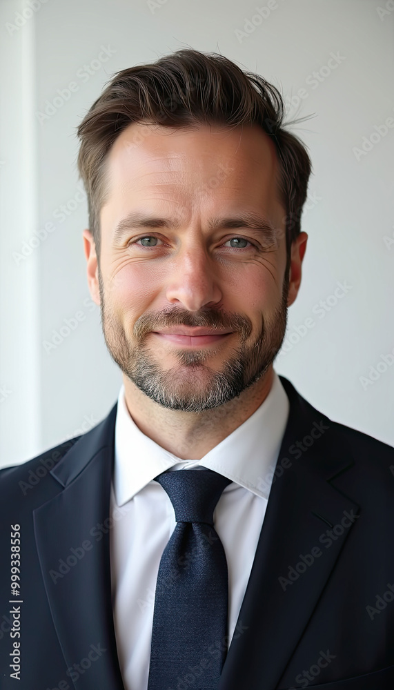 A man in a suit and tie with a smile on his face. He is wearing a black jacket and a blue tie A man in a suit and tie with a smile on his face. He is wearing a black jacket and a blue tie
