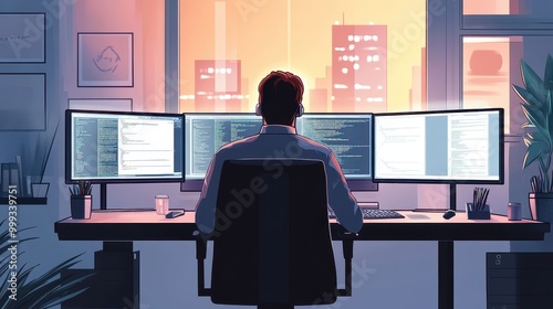 Programmer Working Late into the Night in a City Skyline