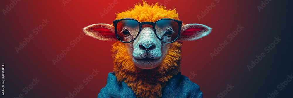 Fototapeta premium A sheep with a quirky sense of style, wearing glasses and a blue jacket.