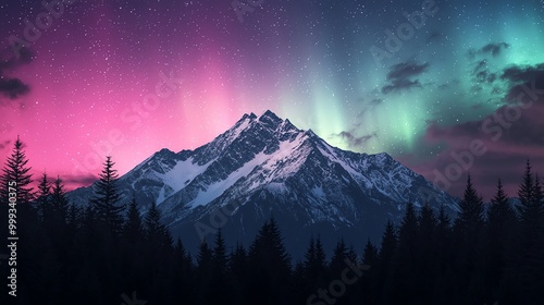 Mountain peaks bathed in the soft glow of the aurora borealis, lowangle, ethereal greens and purples, crisp and cool air, starfilled sky, serene and breathtaking photo