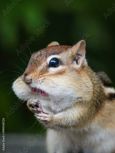 Close up of a chipmunk with stuffed cheeks