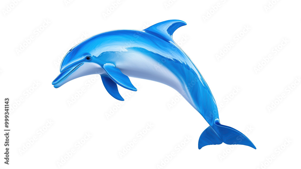 Fototapeta premium 3D illustration of a blue dolphin, featuring a smooth finish and a sleek design. Represent the ocean animal in an elegant and playful pose. Isolated on transparent background, png.