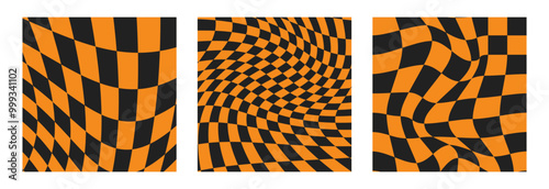 Halloween checkered patterns. Psychedelic Checkerboard. Groovy orange backgrounds. Hippie backdrop. Y2k aesthetic. Retro vector illustration. Set of postcards in trendy 70s cartoon style.