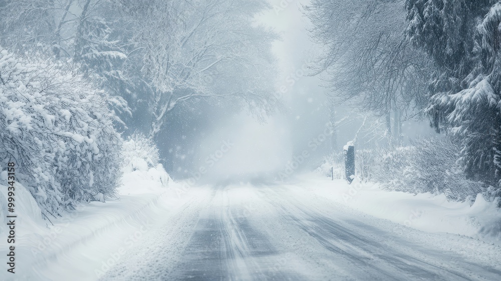 Obraz premium Snowy Road Through a Wintery Forest