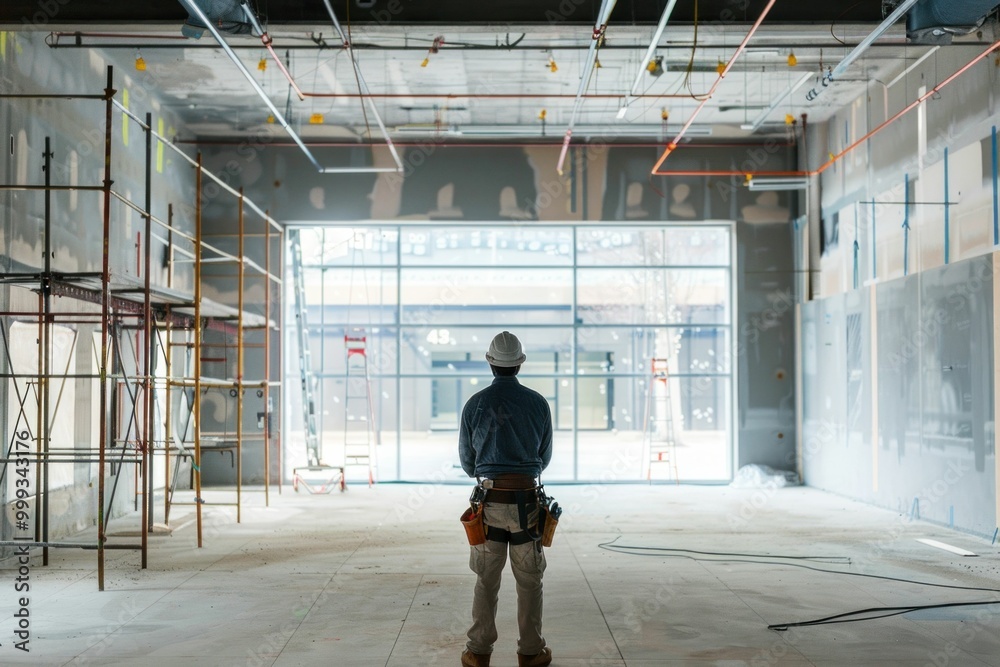 Construction worker observing a new building site with scaffolding and equipment, highlighting the progress of development in a modern environment Construction worker observing a new building site with scaffolding and equipment, highlighting the progress of development in a modern environment