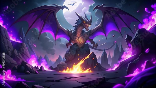 Epic scene of a giant dragon erupting from a lava-filled volcano
