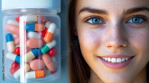 Person holding small empty pill bottle with hopeful expression, symbolizing placebo effect and emotional response to medical treatment. photo