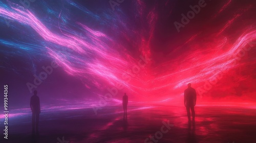 Beautiful abstract mysterious background with glowing neon lines, misty darkness, and shadowy figures, creating an eerie and intriguing visual photo