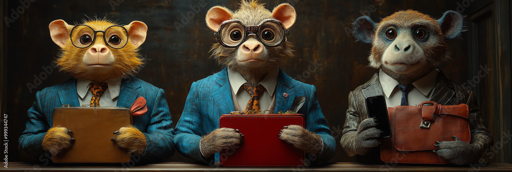 Naklejka premium Three monkeys in suits and ties, holding briefcases and a phone.