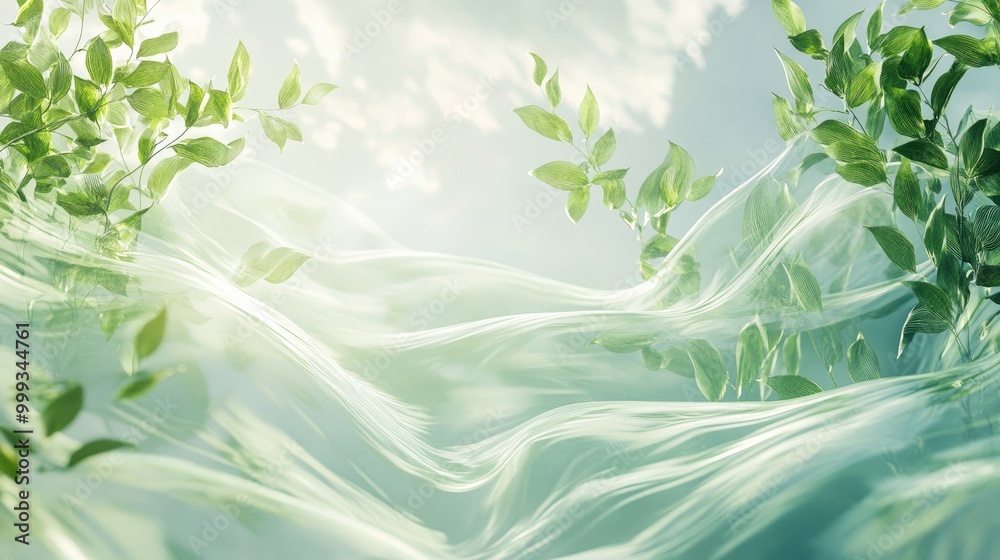 Beautiful natural abstract background featuring layered green foliage, light sky tones, and flowing water patterns, perfect for eco designs Beautiful natural abstract background featuring layered green foliage, light sky tones, and flowing water patterns, perfect for eco designs