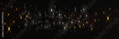 The dust sparks and golden stars shine with special light. Vector sparkles on a transparent background. Christmas light effect. Sparkling magical dust particles