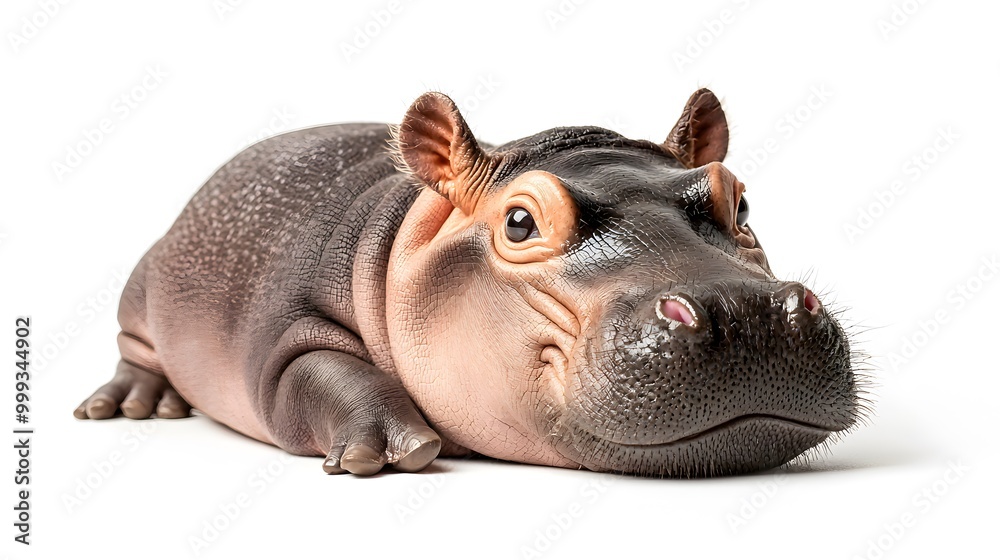 A young hippo lies on its back, curiously looking up. The background is pure white, emphasizing its playful nature and charm.. Moodeng Concept A young hippo lies on its back, curiously looking up. The background is pure white, emphasizing its playful nature and charm.. Moodeng Concept