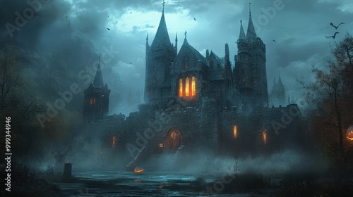 Haunted Castle in Foggy Night