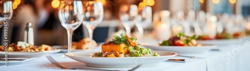 Corporate event dinner, beautifully plated entrees on long banquet tables, sophisticated decor with subtle lighting, professional and refined vibe